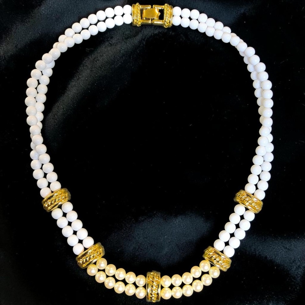 Vintage Monet White Glass & Faux Pearl Double Strand Necklace 18"